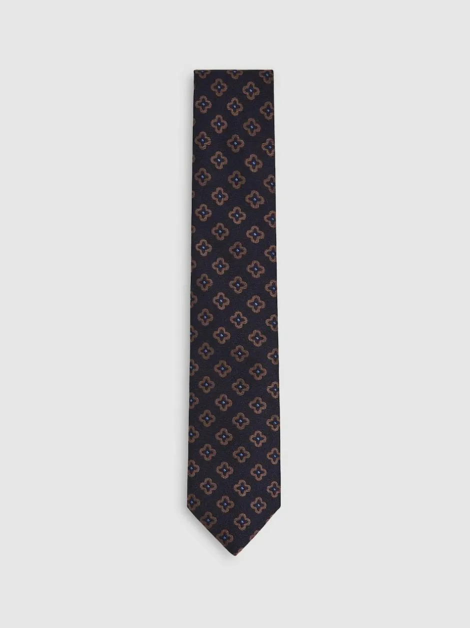 Reiss Navy Omero Silk-Wool Floral-Medallion Tie Online