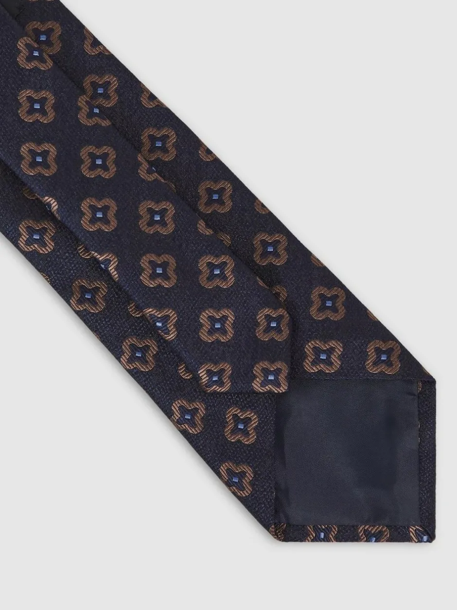 Reiss Navy Omero Silk-Wool Floral-Medallion Tie Online