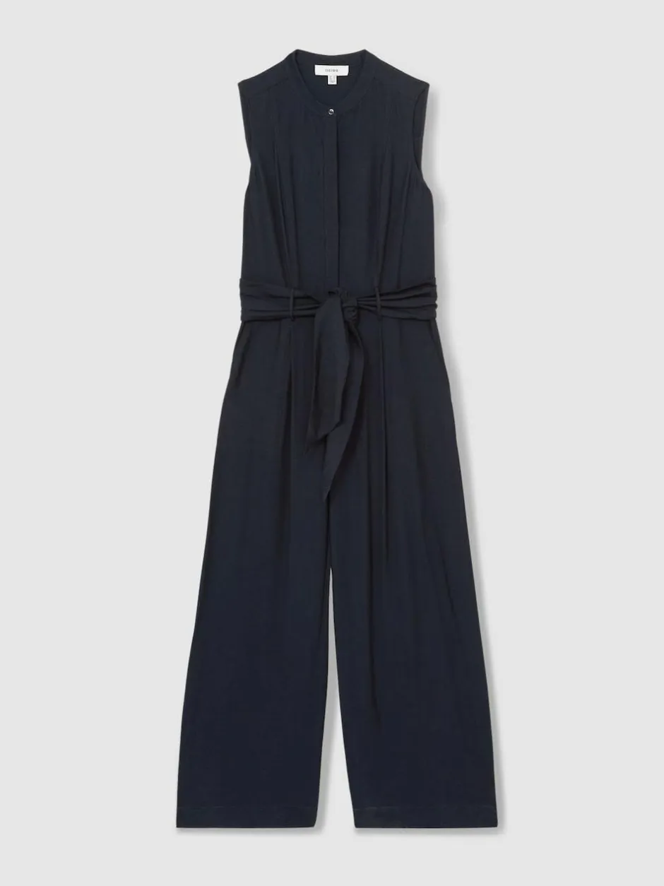 Reiss Navy Raven Wide-Leg Belted Jumpsuit Clearance
