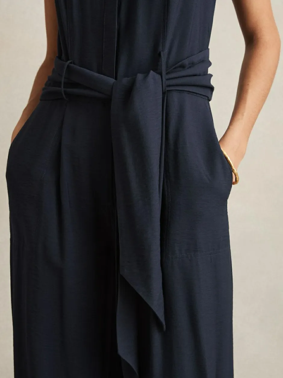 Reiss Navy Raven Wide-Leg Belted Jumpsuit Clearance