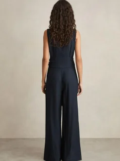 Reiss Navy Raven Wide-Leg Belted Jumpsuit Clearance