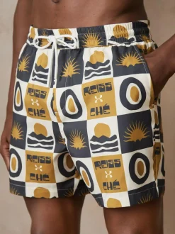 Reiss Trinity | Ché Sunset-Print Swim Shorts Olive Green Sale