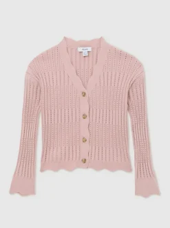 Reiss Seren 9-13 yrs Rib-Knit Pointelle Cardigan Pink Best