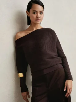 Reiss Lorna Asymmetric Draped Knitted Jumper Plum Outlet