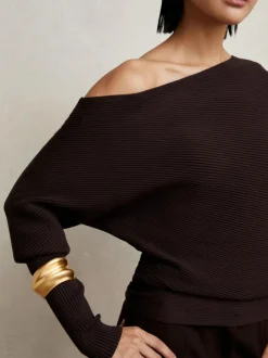 Reiss Lorna Asymmetric Draped Knitted Jumper Plum Outlet