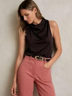 Reiss Darla Cotton-Blend Cowl-Neck Sleeveless Top Plum Purple