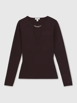 Reiss Tilly Chain-Detail Keyhole Knit Top Plum Hot