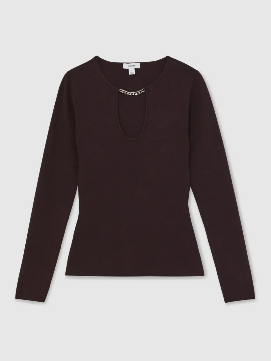 Reiss Tilly Chain-Detail Keyhole Knit Top Plum Hot