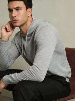 Reiss Soft Grey Mouline Holland Merino Wool Drawstring Hoodie Online