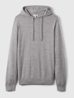 Reiss Soft Grey Mouline Holland Merino Wool Drawstring Hoodie Online