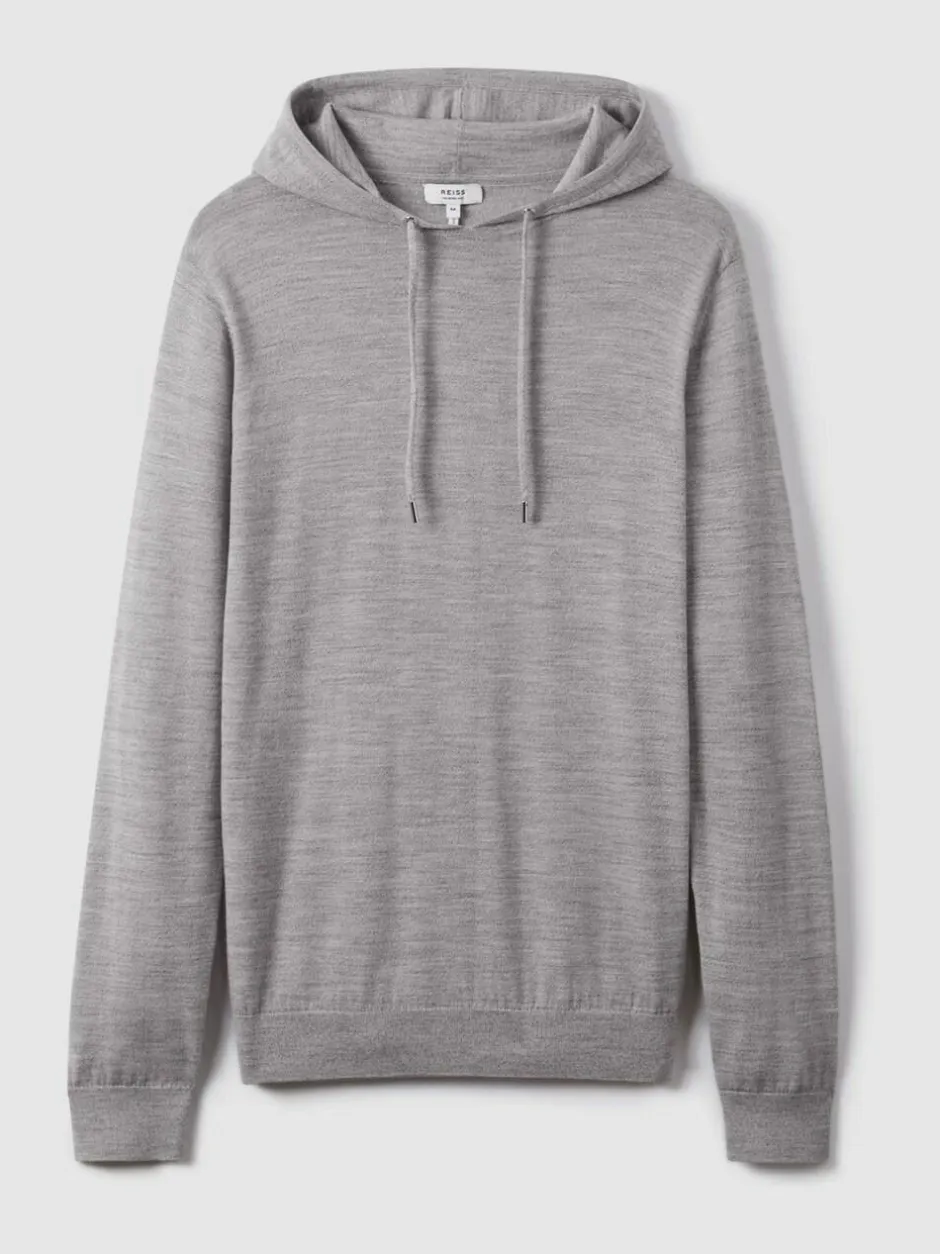 Reiss Soft Grey Mouline Holland Merino Wool Drawstring Hoodie Online