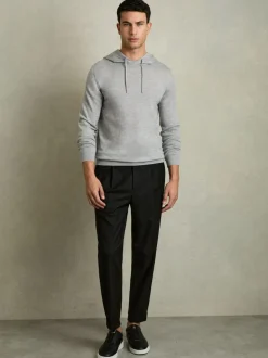 Reiss Soft Grey Mouline Holland Merino Wool Drawstring Hoodie Online