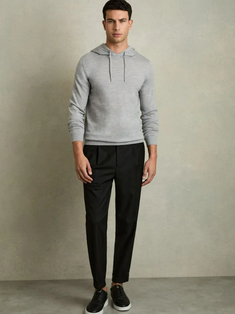 Reiss Soft Grey Mouline Holland Merino Wool Drawstring Hoodie Online