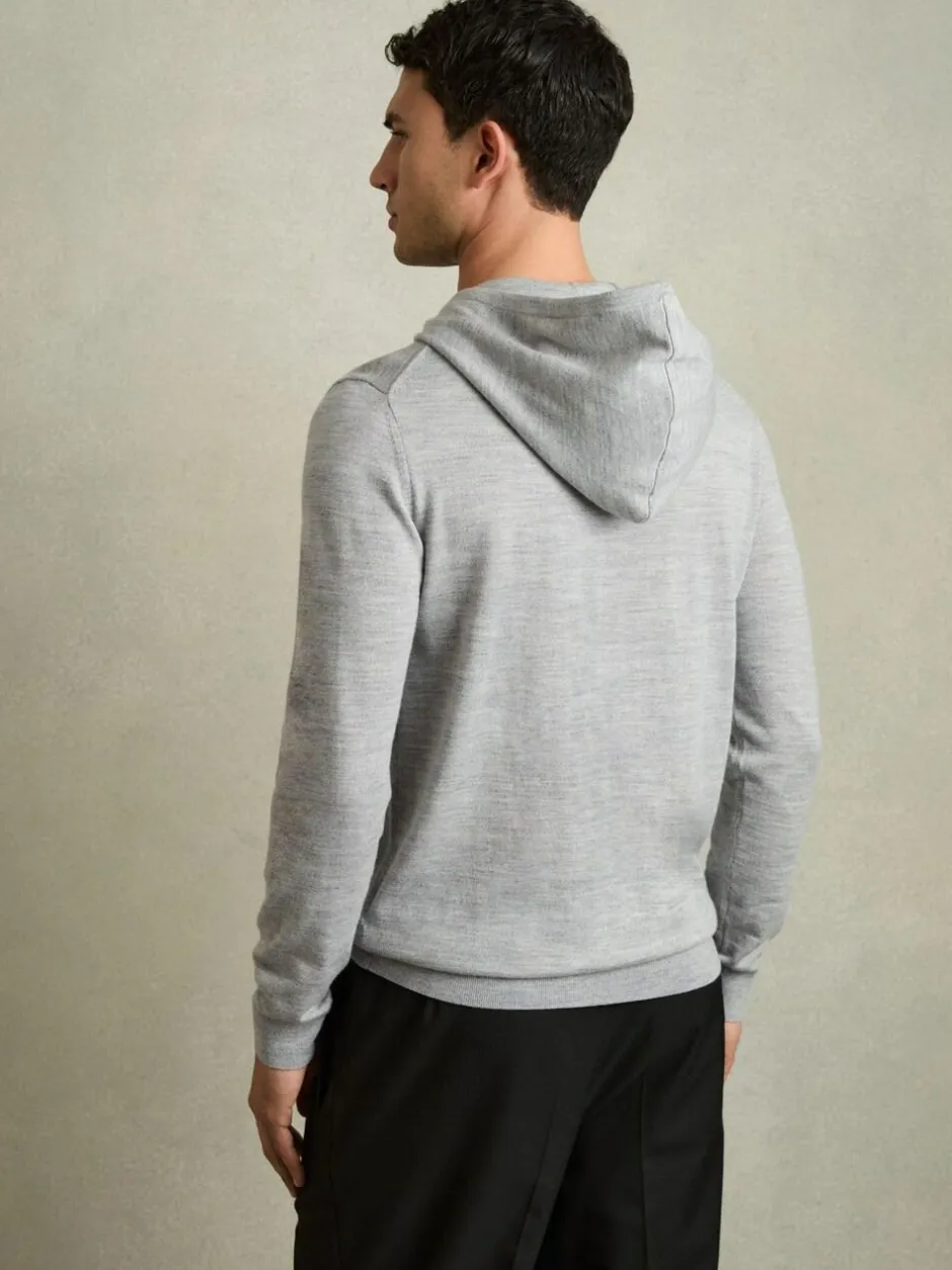 Reiss Soft Grey Mouline Holland Merino Wool Drawstring Hoodie Online