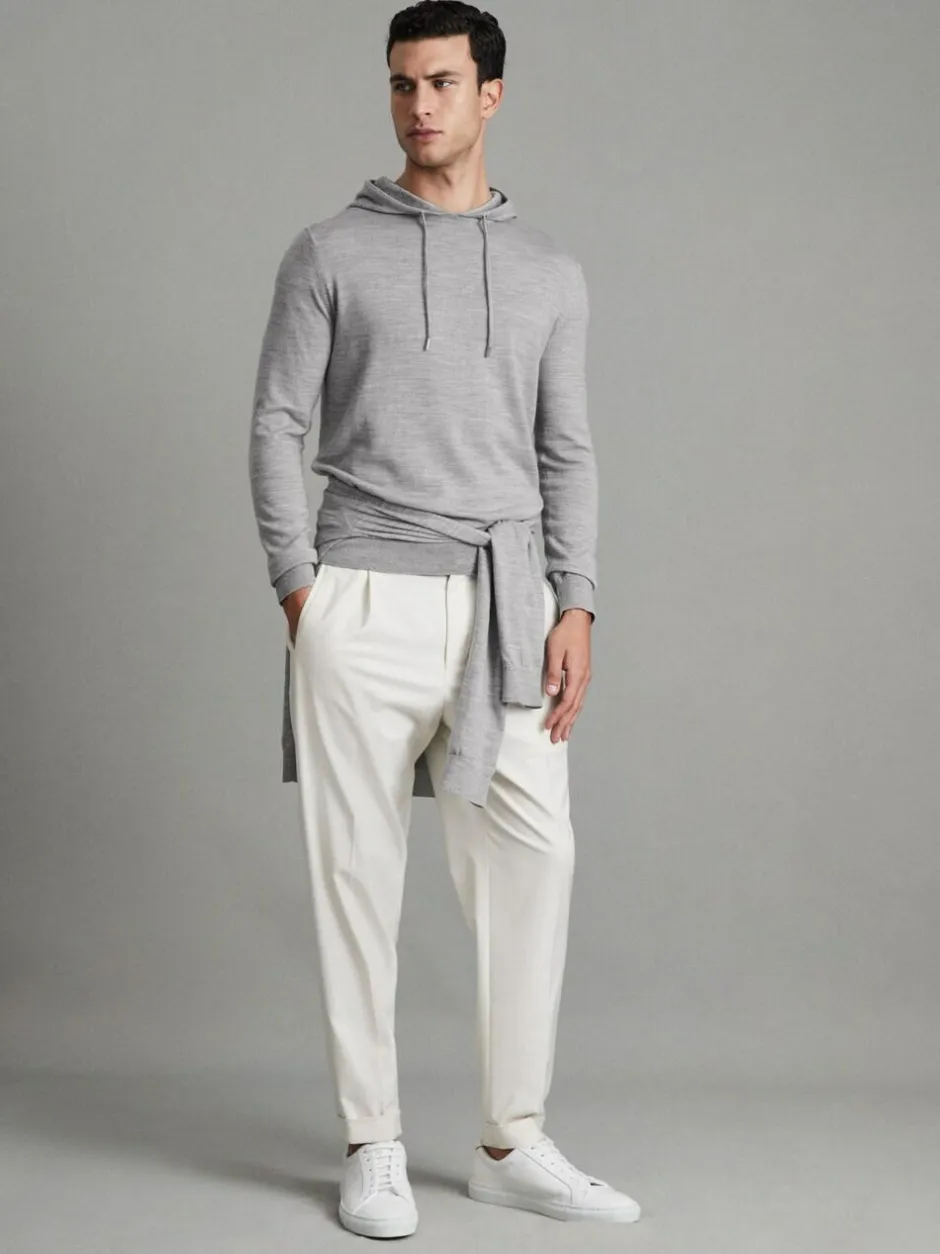 Reiss Soft Grey Mouline Holland Merino Wool Drawstring Hoodie Online