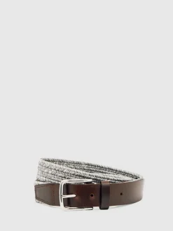 Reiss Soft Grey Welling Webbing Belt With Leather Trim Outlet