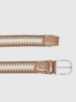 Reiss Taupe Brown/Off White Ellis Woven Stripe Belt Outlet