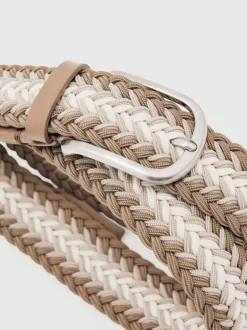 Reiss Taupe Brown/Off White Ellis Woven Stripe Belt Outlet