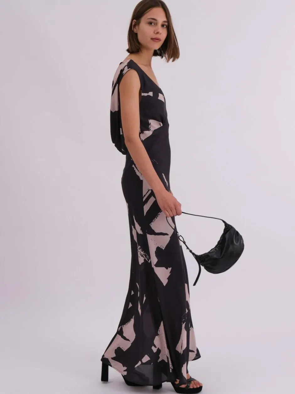 Religion Black Dawn Maxi Column Dress With Draped Back Detail In Hand-Painted Print Discount
