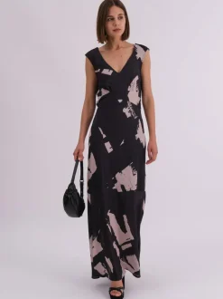 Religion Black Dawn Maxi Column Dress With Draped Back Detail In Hand-Painted Print Discount