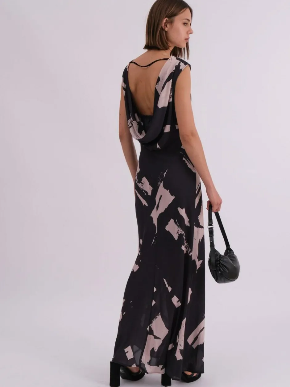 Religion Black Dawn Maxi Column Dress With Draped Back Detail In Hand-Painted Print Discount