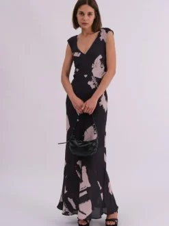 Religion Black Dawn Maxi Column Dress With Draped Back Detail In Hand-Painted Print Discount