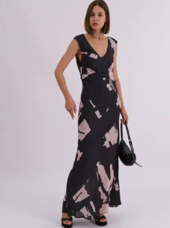 Religion Black Dawn Maxi Column Dress With Draped Back Detail In Hand-Painted Print Discount