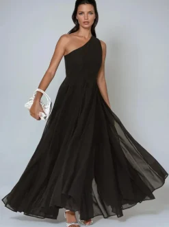 Religion One Shoulder Maxi Dress With Full Skirt Black Sheer Hot
