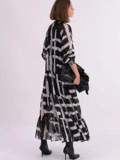 Religion Black Sunset Maxi Shirt Dress With A Tiered Boho Style Skirt In Abstract Prints New