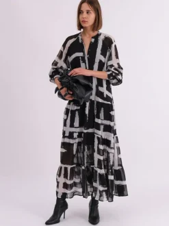 Religion Black Sunset Maxi Shirt Dress With A Tiered Boho Style Skirt In Abstract Prints New