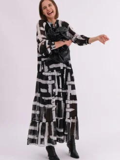 Religion Black Sunset Maxi Shirt Dress With A Tiered Boho Style Skirt In Abstract Prints New