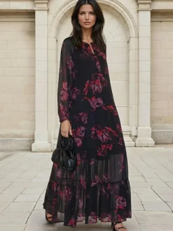 Religion Red Zoe Tiered Maxi Boho Dress With Tiered Skirt In Dark Floral Discount