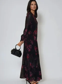 Religion Red Zoe Tiered Maxi Boho Dress With Tiered Skirt In Dark Floral Discount