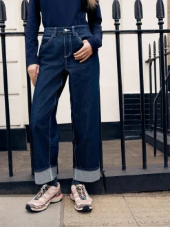 Next Boyfriend Wide Leg Mid Rise Turn Up Jeans Rinse Discount