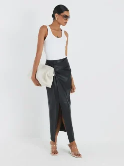 River Island Black Faux Leather Twist Side Midi Skirt Clearance