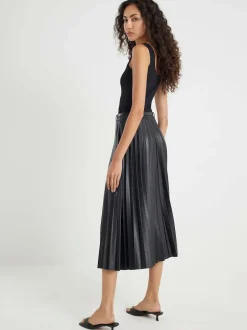 River Island Black Faux Leather Pleated Midi Skirt Outlet