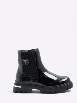 River Island Black Patent Heart Strap Chelsea Boots Hot