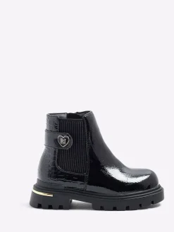 River Island Black Patent Heart Print Strap Chelsea Boots Best