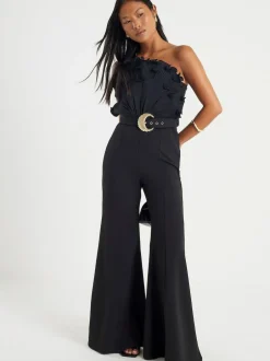 River Island Black Petite 3D Trim One Shoulder Jumpsuit Clearance