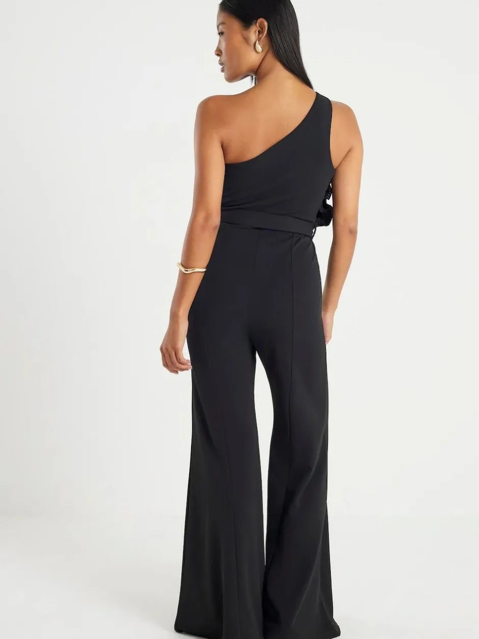 River Island Black Petite 3D Trim One Shoulder Jumpsuit Clearance