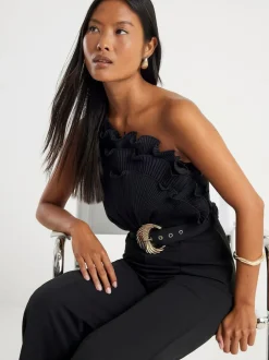 River Island Black Petite 3D Trim One Shoulder Jumpsuit Clearance