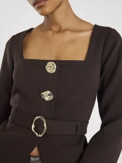 River Island Brown Long Sleeve Square Neck Belted Blazer New
