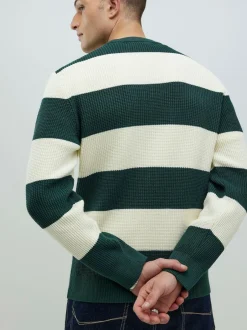 River Island Green Slim Fit Stripe Crew Neck Waffle Knit Jumper Online