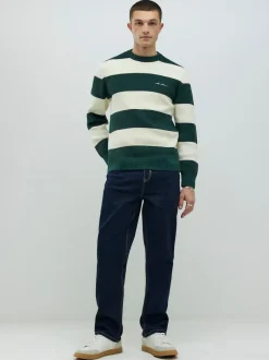 River Island Green Slim Fit Stripe Crew Neck Waffle Knit Jumper Online
