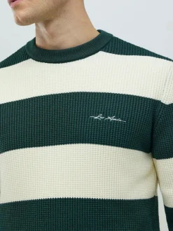 River Island Green Slim Fit Stripe Crew Neck Waffle Knit Jumper Online