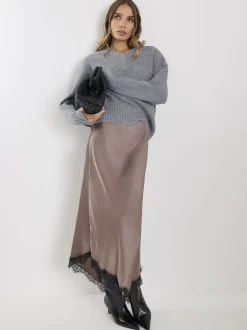 River Island Grey Satin Skirt With Lace