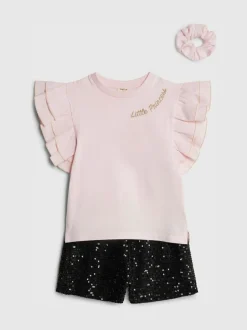 River Island Pink Frill Sleeve Top & Sequin Shorts Set Clearance