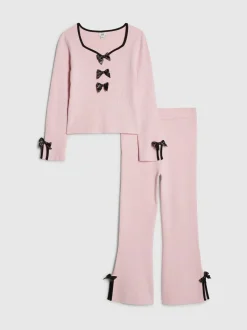 River Island Long Sleeve Bow Top & Joggers Set Pink New
