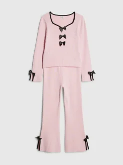 River Island Long Sleeve Bow Top & Joggers Set Pink New