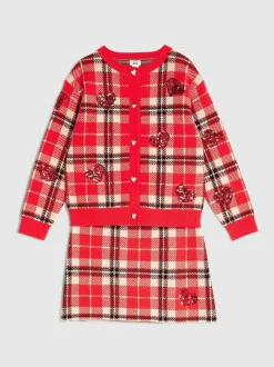River Island Red Tartan Sequin Cardigan & Skirt Set Sale